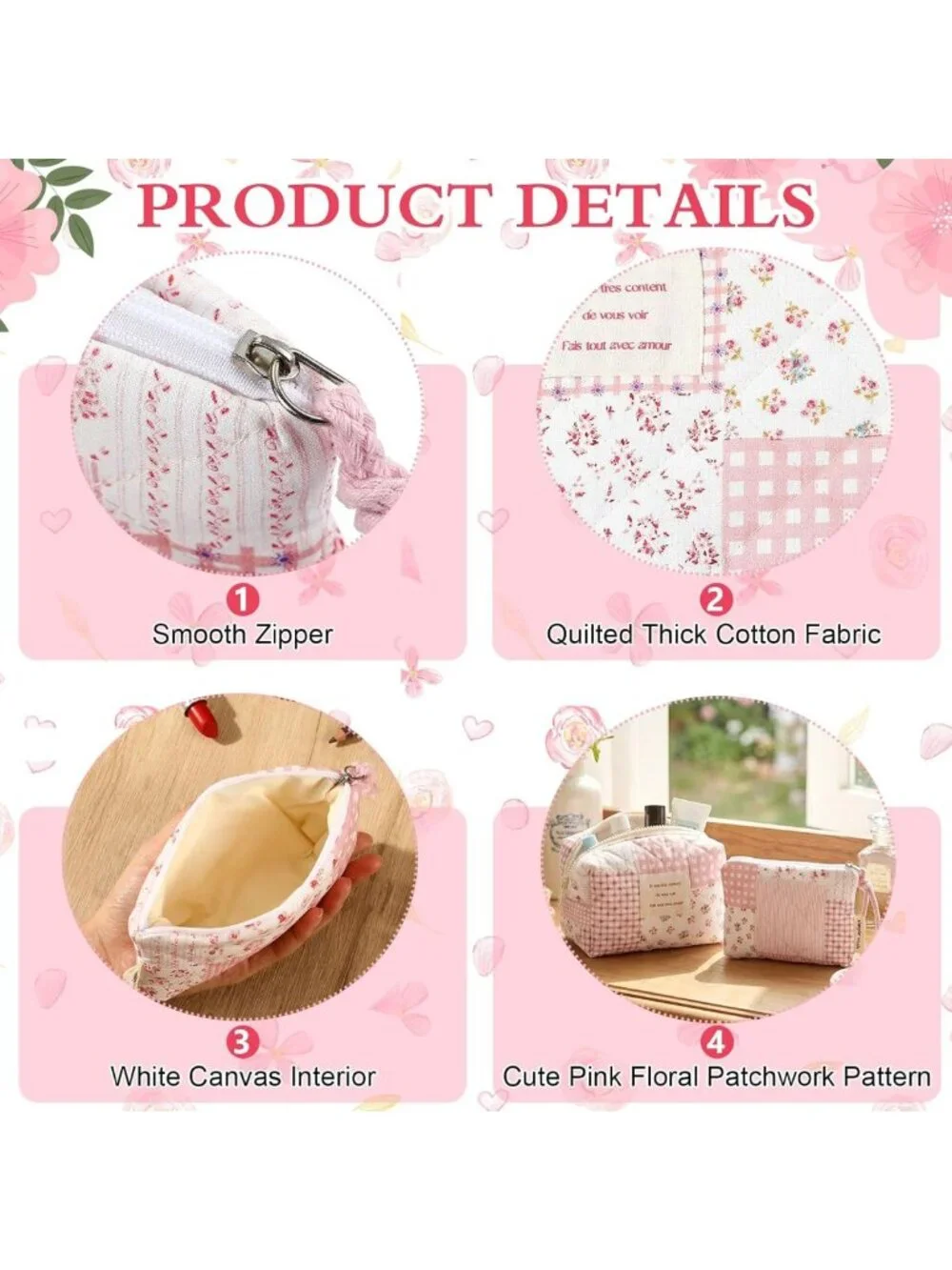 Floral Quilted Bag Set - 3 Pcs Cotton Shoulder Bags & Makeup Pouch for Travel